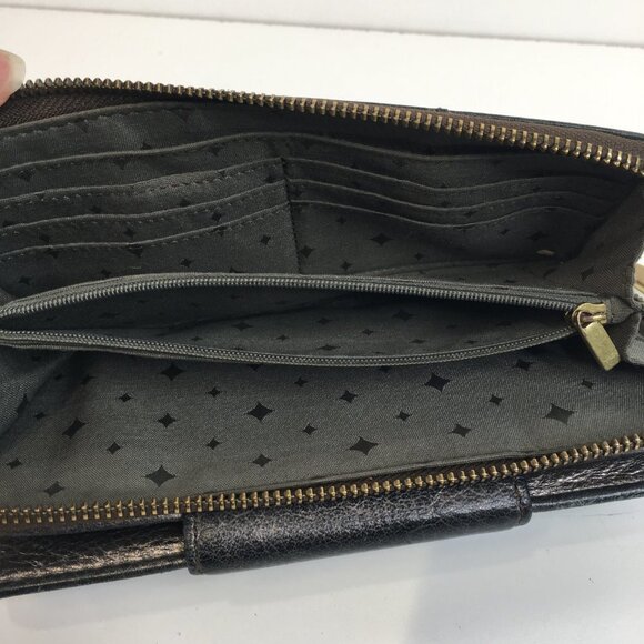 FOSSIL Maddox Zip Around Organizer Gray Metallic Leather Wallet - Picture 5 of 12